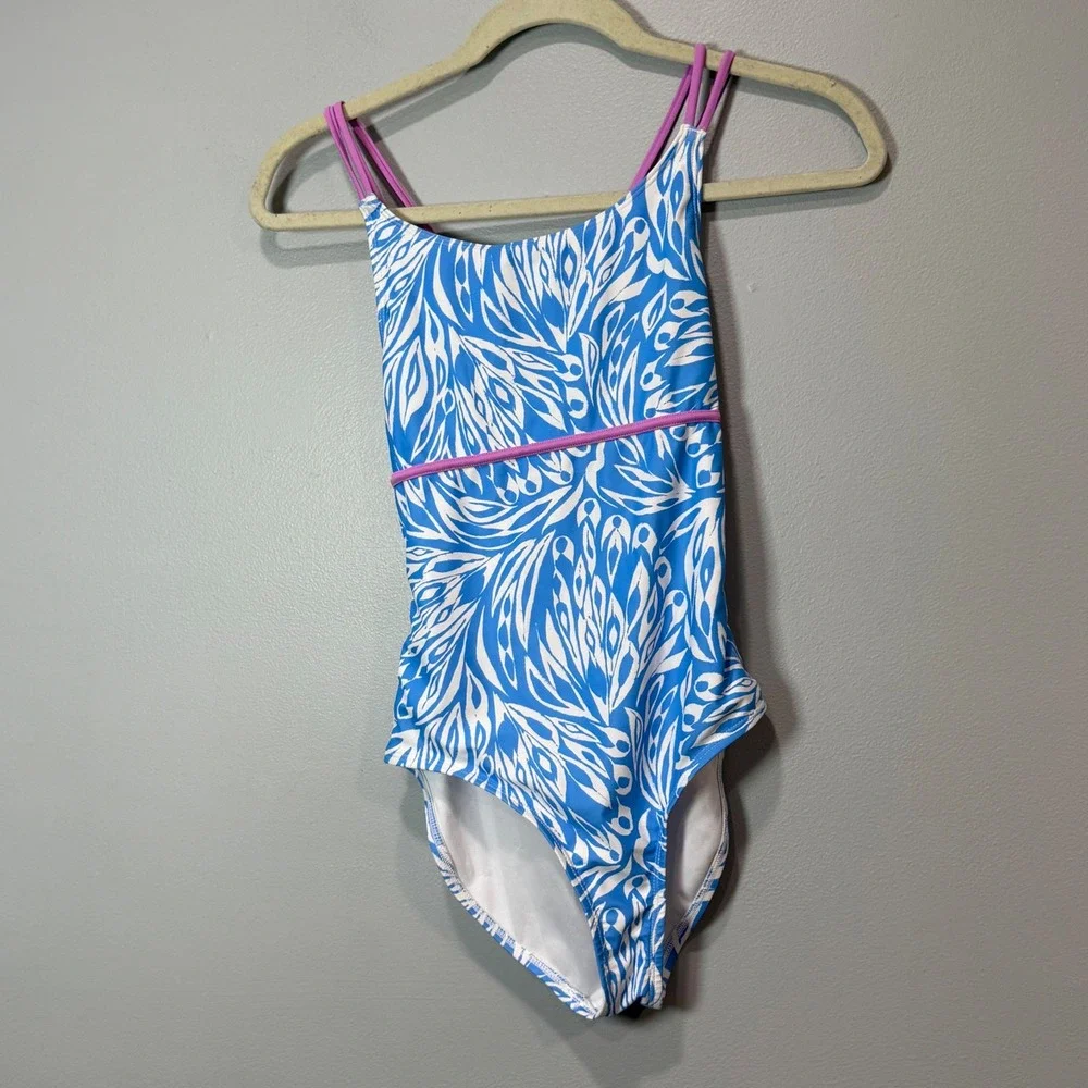 Spyder Girls Blue White Abstract Print‎ One Piece Swimsuit Purple Straps L 12/14